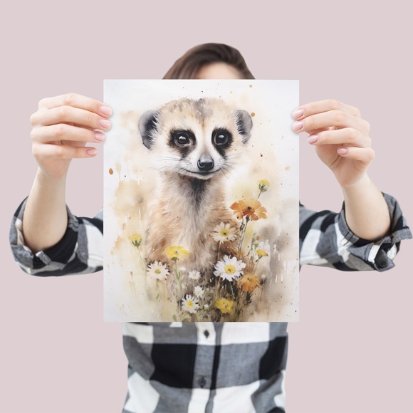 Watercolor Meerkat With Flowers Portrait Wall Art Illustration Print Unframed - Picture 4 of 5